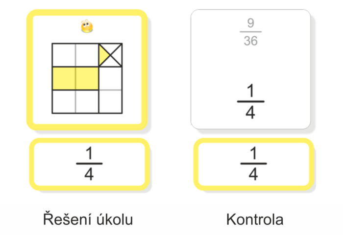 Zlomek jako část z celku | Přiřazovací karty | Ukázka autokorekce (rub karty – správné řešení)